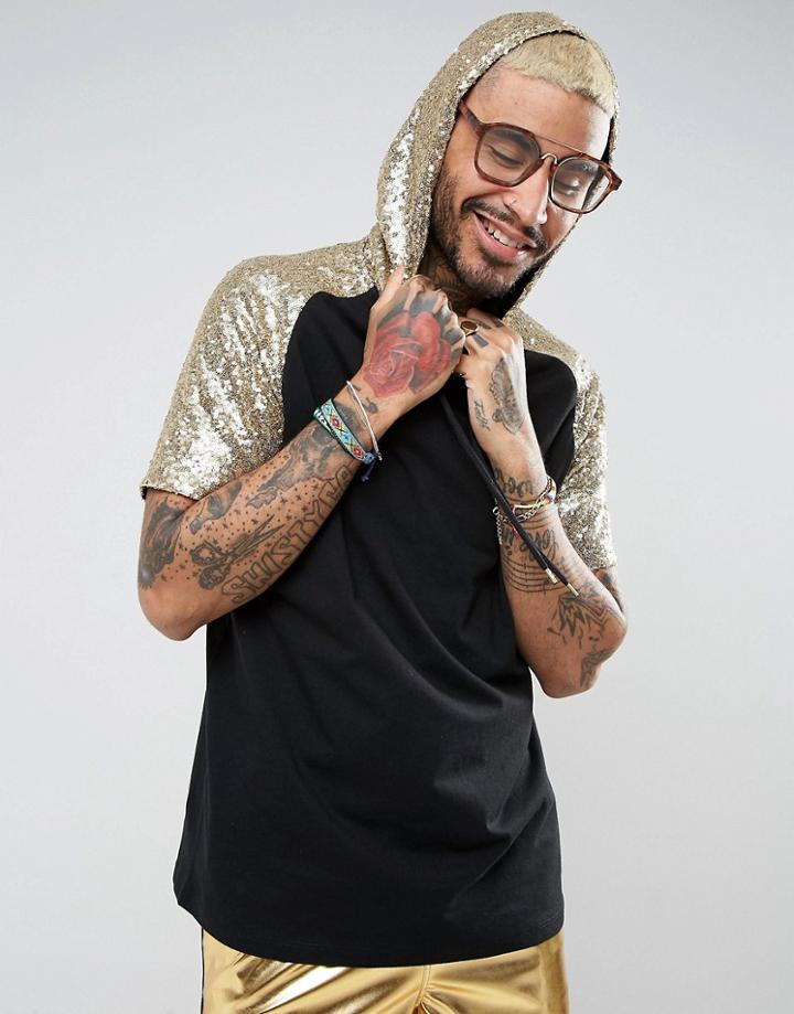 Asos Festival Oversized Short Sleeve Hooded T-shirt In Gold Sequins - Black