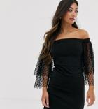 John Zack Petite Bandeau Mini Dress With Tulle Sleeve Detail In Black - Black