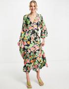 Asos Design Satin Button Front Maxi Tea Dress In Abstract Floral Print-multi