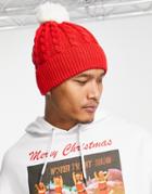 Asos Design Red Cable Knit Bobble Hat-multi