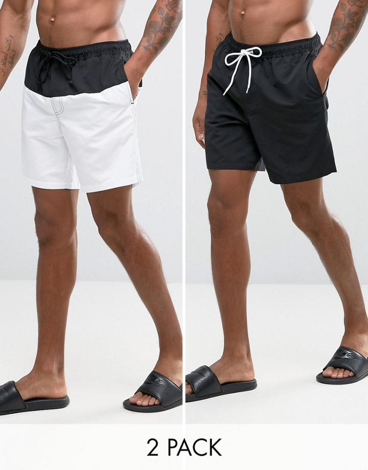 Asos Swim Shorts 2 Pack In Monochrome In Mid Length Save - Multi