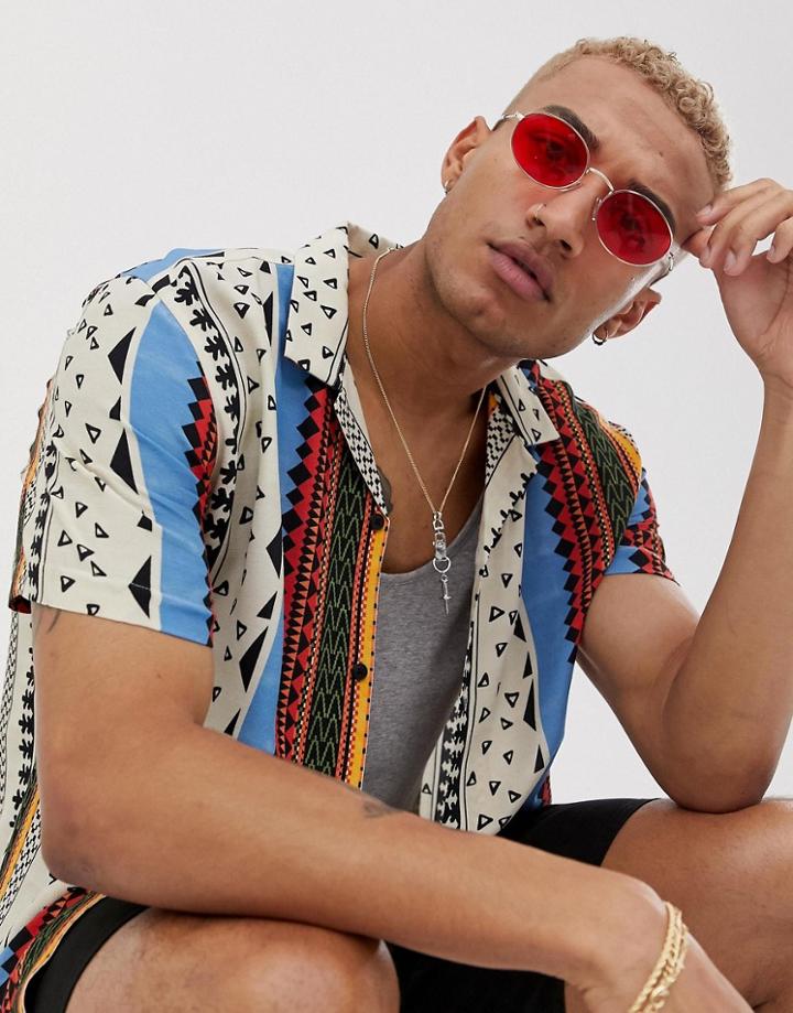 Asos Design Festival Relaxed Shirt With Geo-tribal Stripe-multi