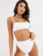 Asos Design Square Neck Skinny Crop Bikini Top In White Rib