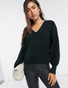 Asos Design V Neck Blouson Sleeve Sweater-black