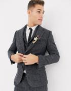 Asos Design Wedding Slim Suit Jacket In 100% Wool Harris Tweed Blue Micro Check - Blue