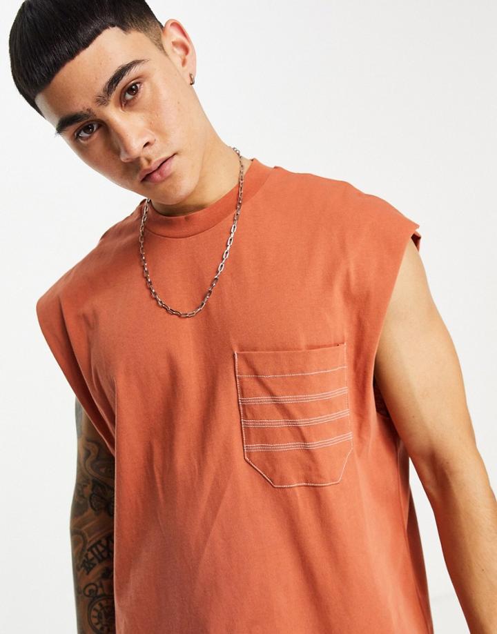 Asos Design Relaxed Tank With Pocket In Brown