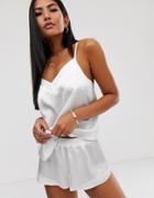 Asos Design Contrast Satin Pyjama Cami And Short Set - White
