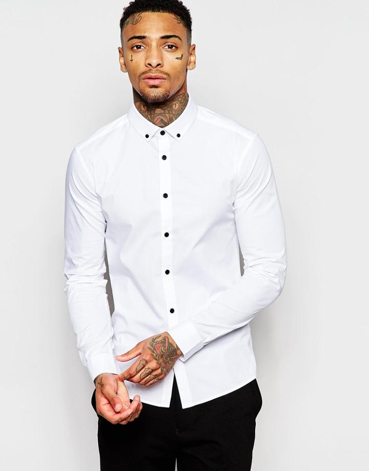 Asos Skinny Shirt With Button Down Collar And Contrast Buttons - White