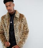 Asos Design Tall Faux Fur Western Jacket In Leopard Print - Tan