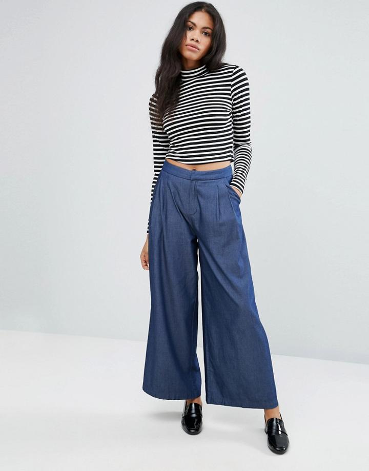 Liquorish Denim Wide Leg Pants - Blue