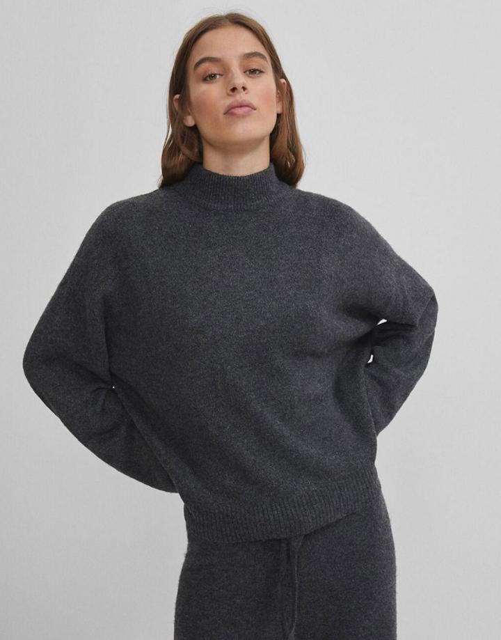 Bershka Roll Neck Sweater In Dark Gray-grey