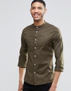 Asos Skinny Shirt In Khaki With Grandad Collar And Long Sleeves - Khaki