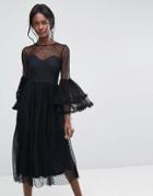 Lace & Beads Dobbie Mesh Sheer Midi Dress With Exaggerated Sleeve - Black