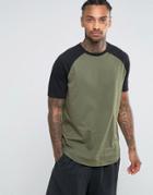 Asos Longline T-shirt With Contrast Raglan Sleeves And Curved Hem In Khaki - Green