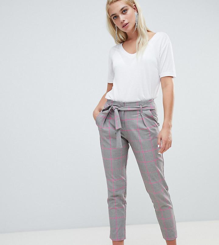River Island Tapered Pants With Tie Waist In Gray Check - Pink