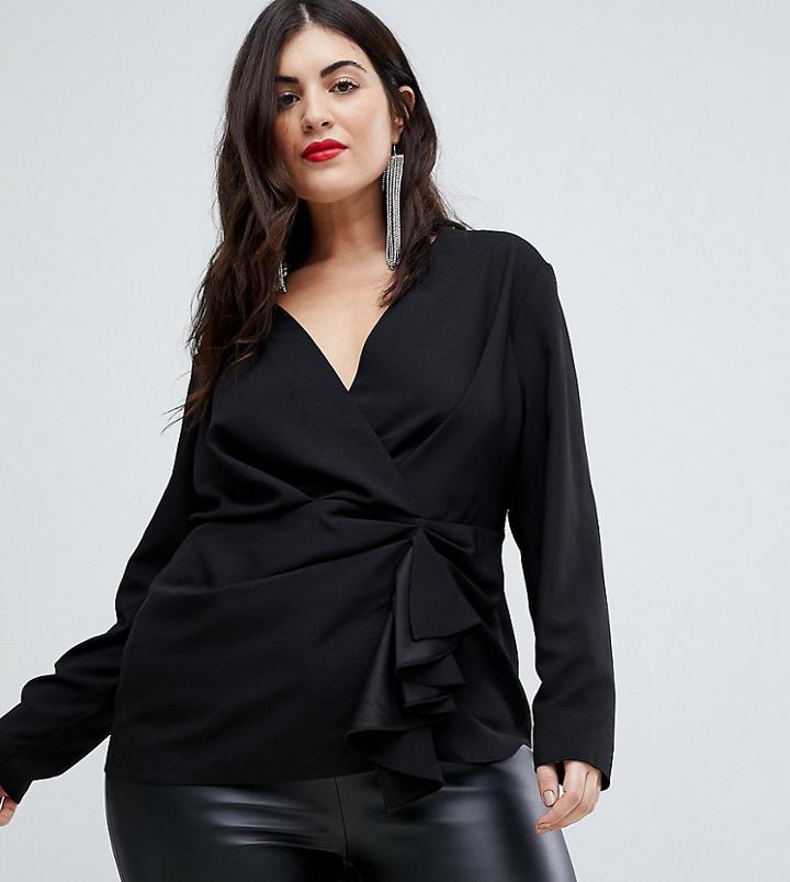 Asos Design Curve Plunge Origami Top In Black - Black