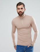 Asos Zip Neck Muscle Fit T-shirt With Long Sleeves In Beige - Beige