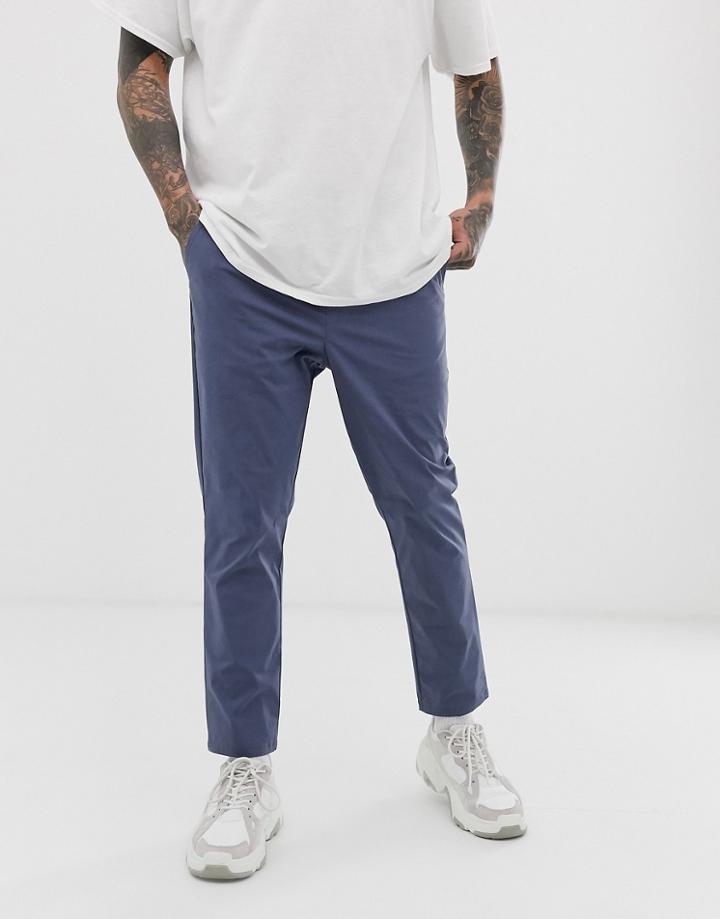 Asos Design Tapered Pants With Elasticated Waist In Blue Nylon - Blue