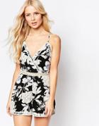 Parisian Floral Romper With Crochet Trim - Black