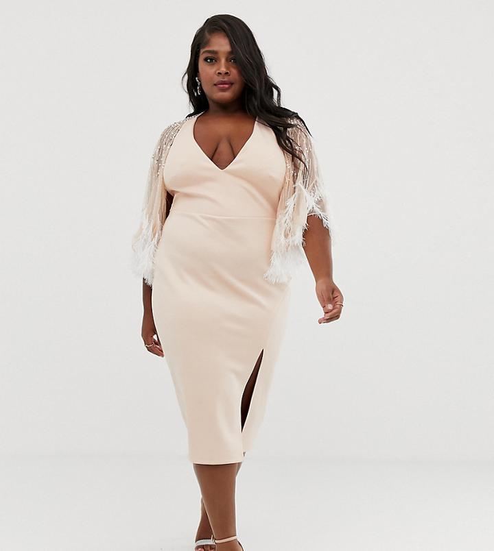 Asos Design Curve Faux Feather Cape Midi Pencil Dress - Pink