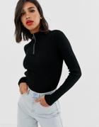 Asos Design Rib Knit Sweater With Zip Detail-black