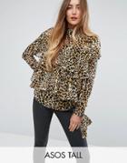 Asos Tall Ultimate Ruffle Blouse With Scarf Detail In Leopard - Multi