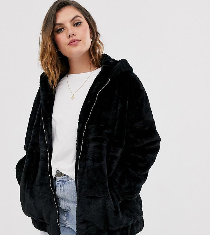 New Look Curves Hooded Fur Bomber In Black