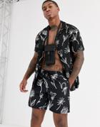 Asos Design Two-piece Swim Shorts In Black With Hand Drawn Floral Print In Mid Length