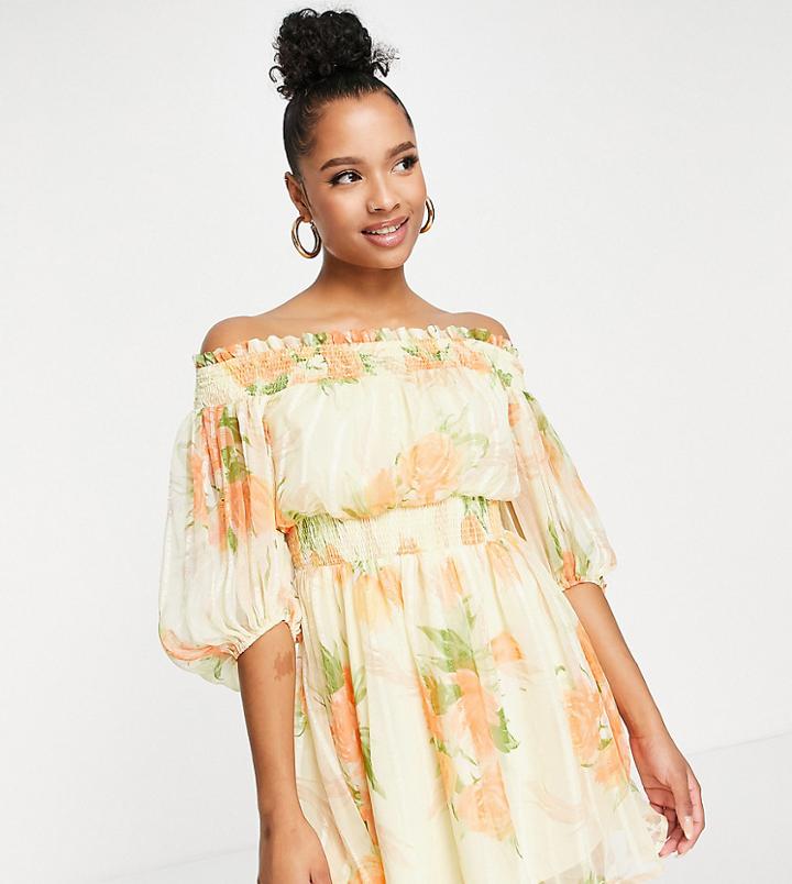 Asos Design Petite Off Shoulder Mini Dress With Blouson Sleeve In Self Stripe In Meadow Floral-multi