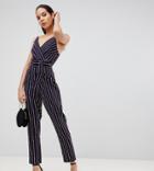 Asos Design Tall Wrap Jumpsuit With Self Belt In Navy Stripe - Multi