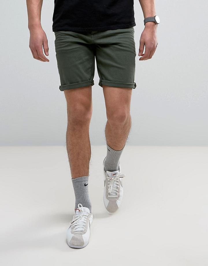 Asos Denim Shorts In Slim Dark Green - Green