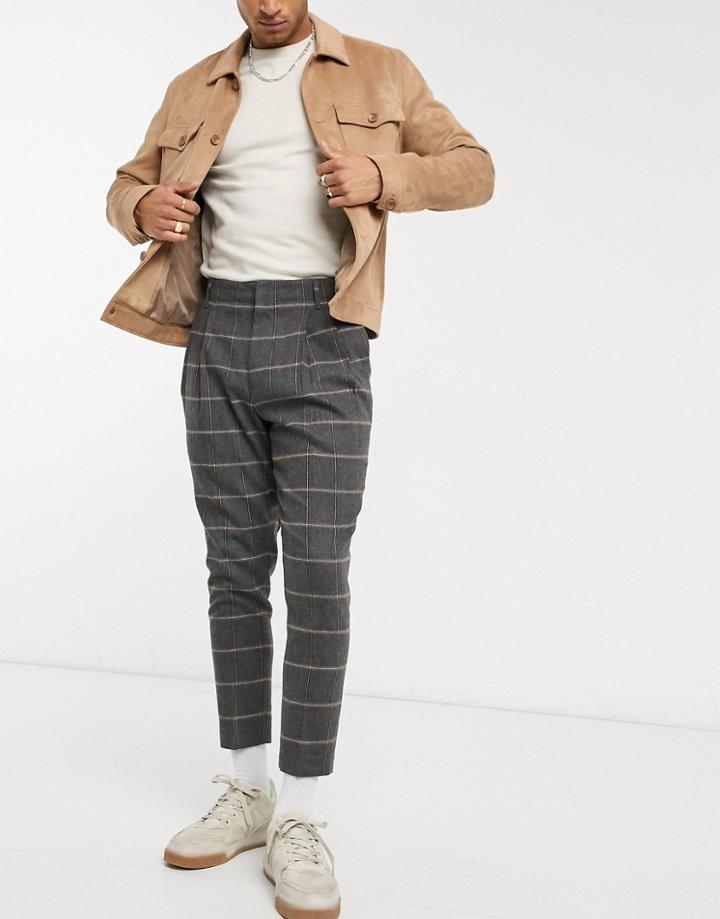 Asos Design Tapered Cropped Double Pleat Smart Pants In Wool Mix Check-grey
