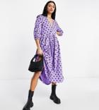 Asos Design Tall Midi Smock Dress With Wrap Top In Purple And Black Dots