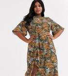 Glamorous Curve Midi Dress With Wrap Skirt In Geo Print-multi