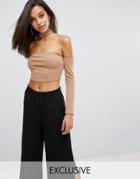 Parallel Lines Off Shoulder Long Sleeve Top With Choker Neck - Beige