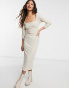 River Island Square Neck Tie Waist Midi Dress In Beige-neutral
