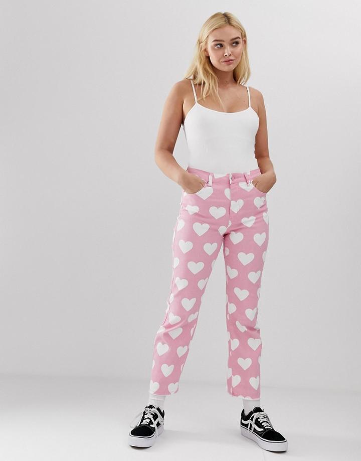 Lazy Oaf Mom Jeans In Heart Print - Pink