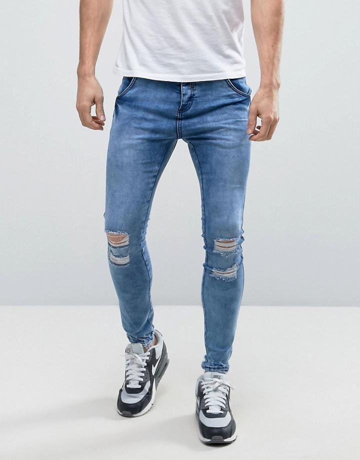 Illusive London Muscle Fit Jeans With Distressing - Blue