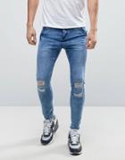 Illusive London Muscle Fit Jeans With Distressing - Blue
