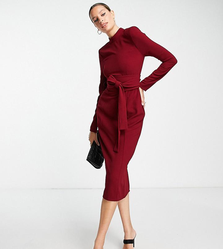 Asos Design Tall Long Sleeve Midi Dress With Obi Belt In Red