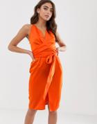 Asos Design Cami Midi Dress With Wrap Waist In Satin-orange