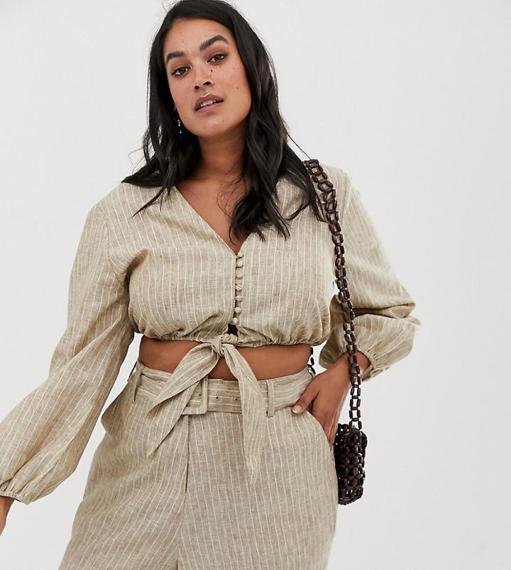Neon Rose Plus Tie Front Tea Blouse In Summer Pinstripe - Beige