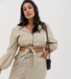 Neon Rose Plus Tie Front Tea Blouse In Summer Pinstripe - Beige