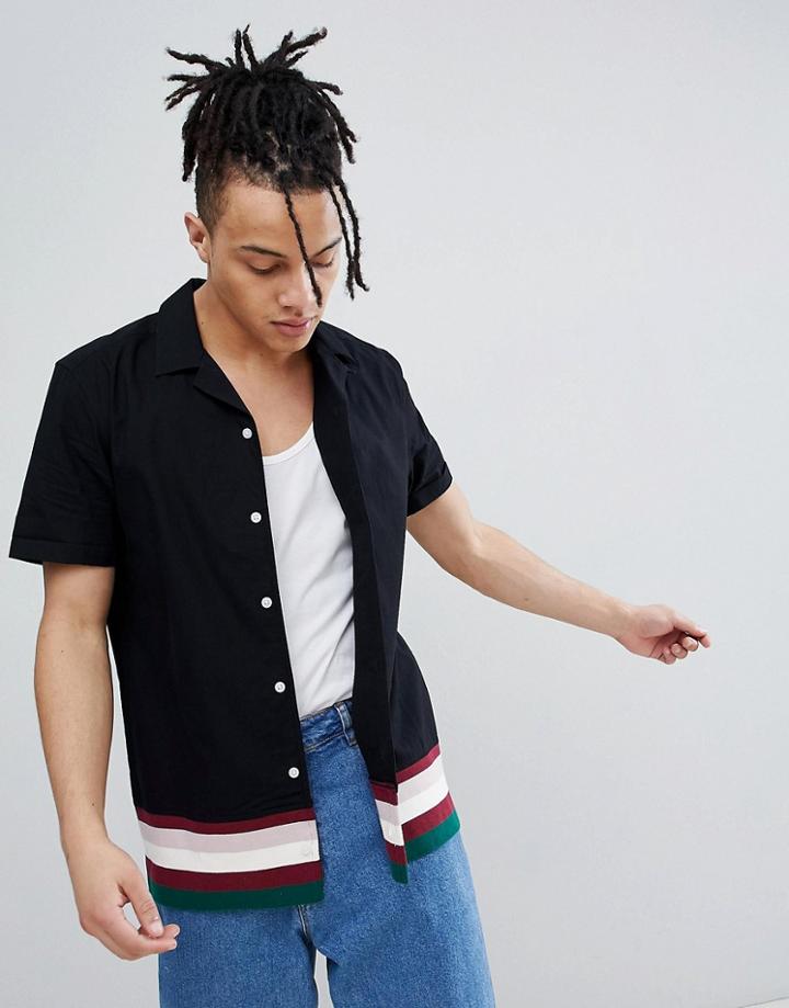 Asos Design Regular Fit Revere Collar Shirt With Contrast Ribbed Hem - Black