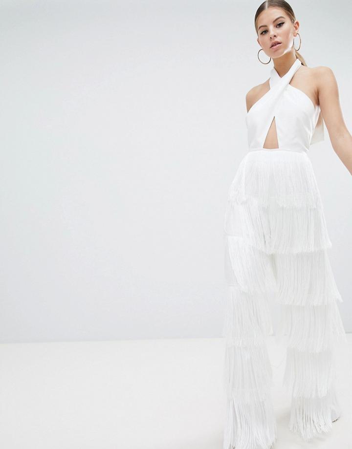 Asos Design Cross Front Halter Jumpsuit With Fringing - Black