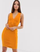 The Girlcode Bandage Plunge Front Bodycon Dress In Tangerine - Orange