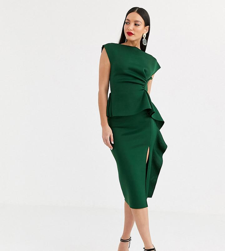 Asos Design Tall Peplum Pencil Midi Dress With Tuck Detail-green