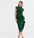 Asos Design Tall Peplum Pencil Midi Dress With Tuck Detail-green