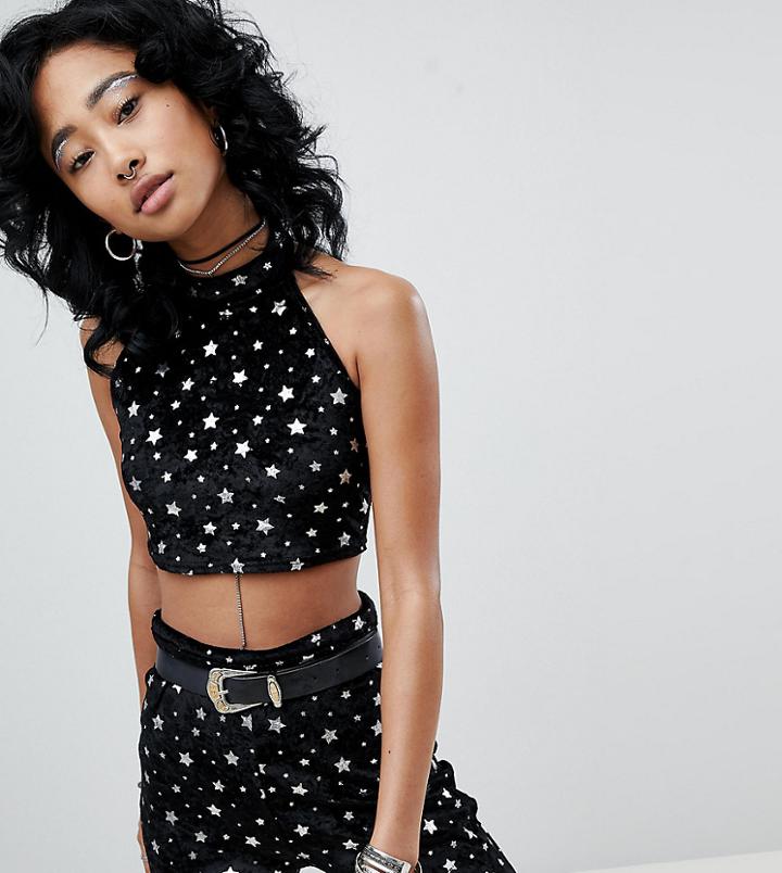 Rokoko Festival High Neck Crop Top In Velvet Star Print Two-piece - Black