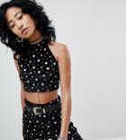 Rokoko Festival High Neck Crop Top In Velvet Star Print Two-piece - Black
